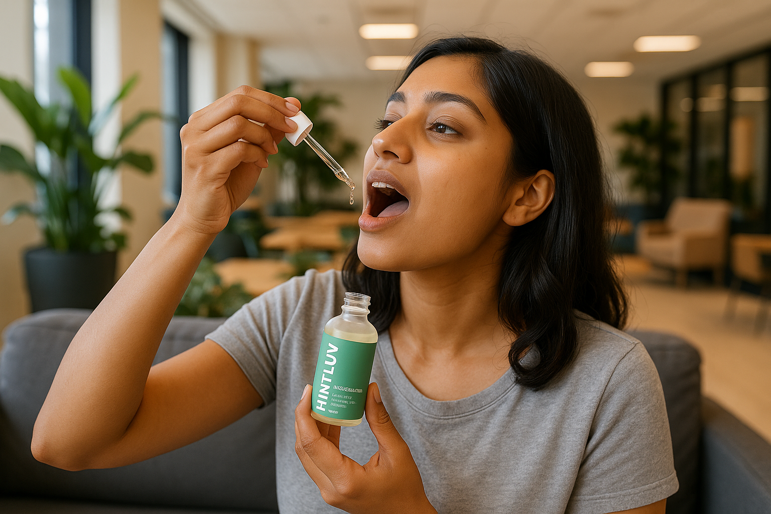 Indian woman using serum dropper in office break room