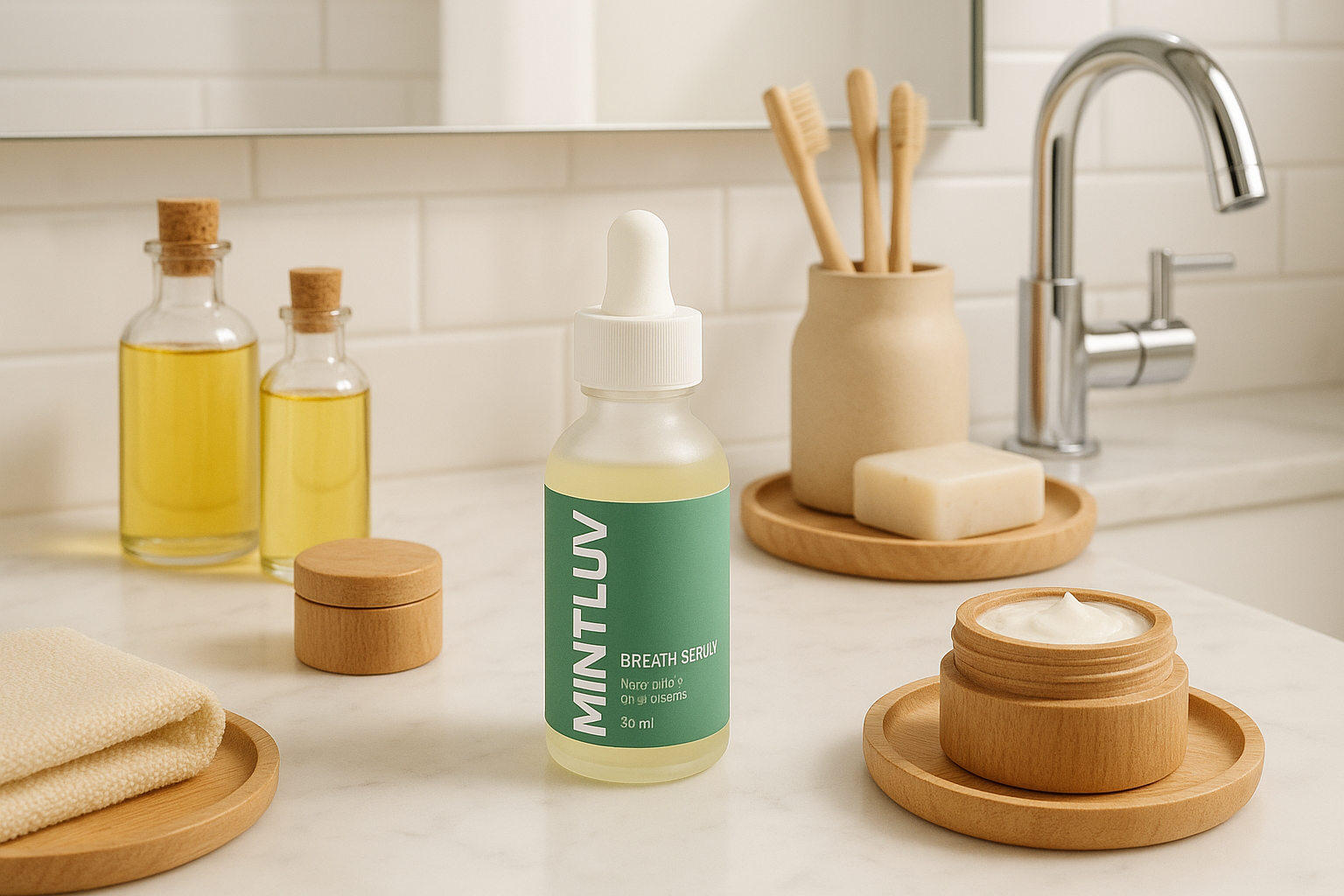 Premium minimalist bathroom vanity scene with serum and natural beauty products